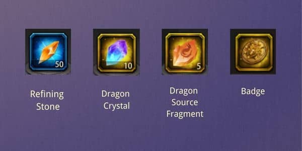 Refining Stone, Dragon Crystal, Dragon Source Fragment, and Badge in Evony